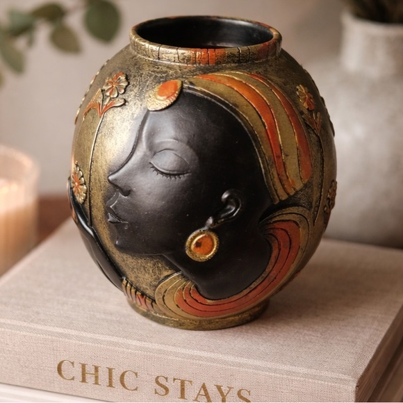 Other - Art Pottery Face Vase | Art Nouveau Style | Gold Orange Floral Sculptural Decor